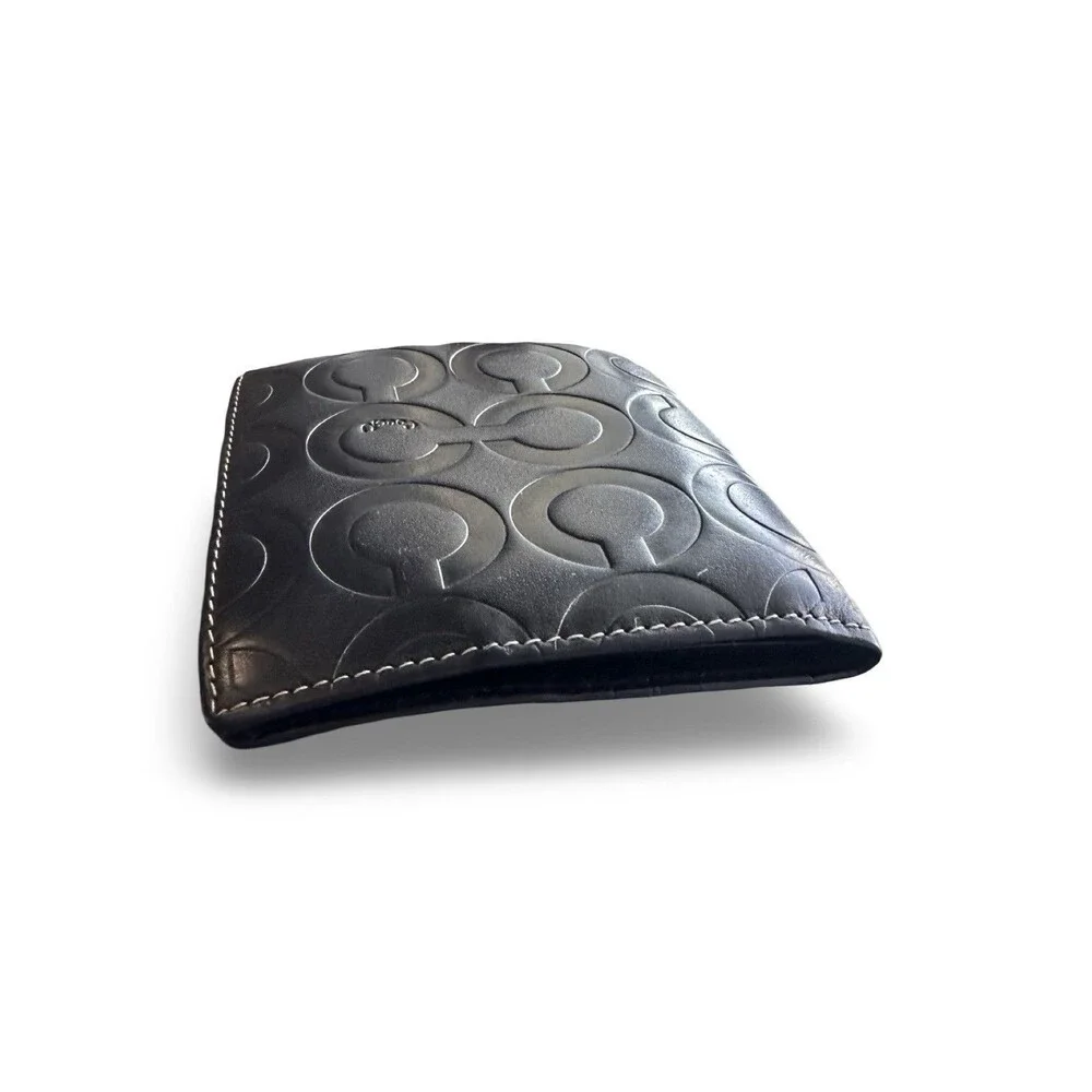 🧡Authentic Coach Mens Black Leather Op Art Embossed Bifold Wallet